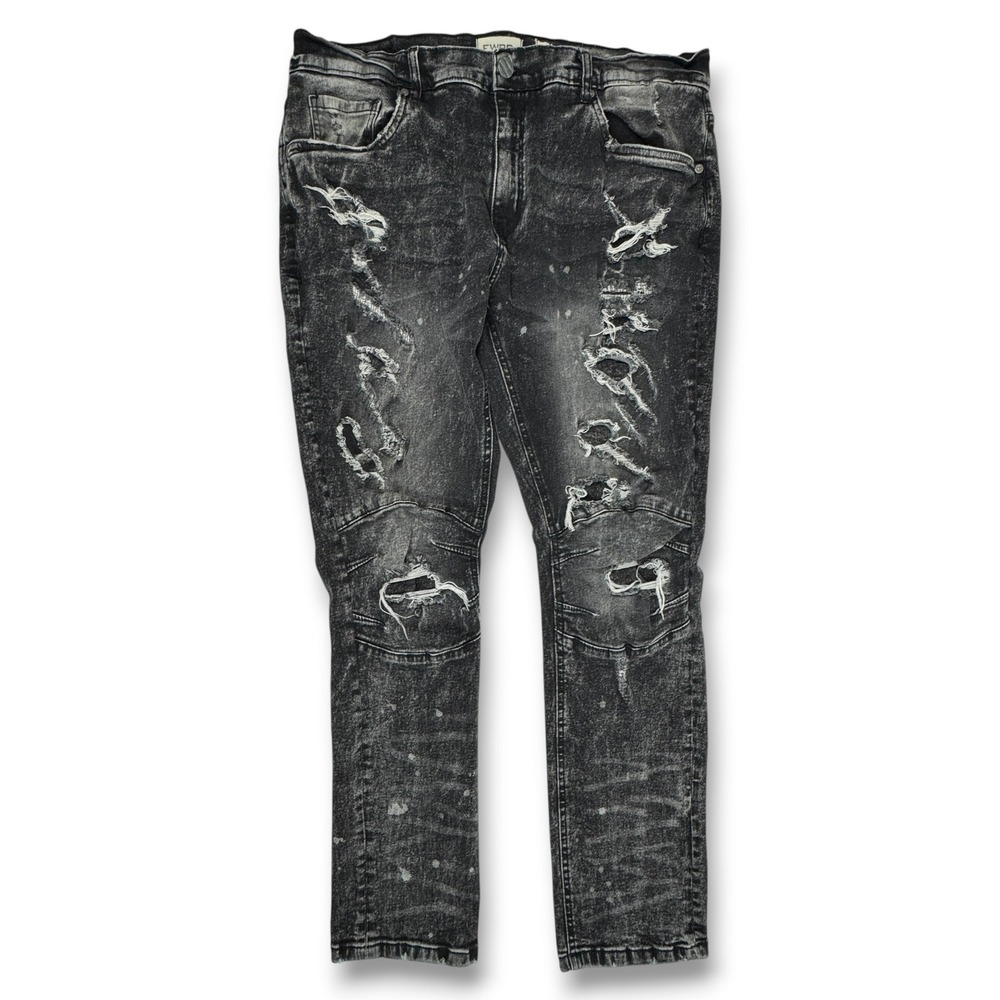 FWRD Denim Mens 38x31 Moto Distressed Acid Wash Black Ripped Slim Straight Jeans